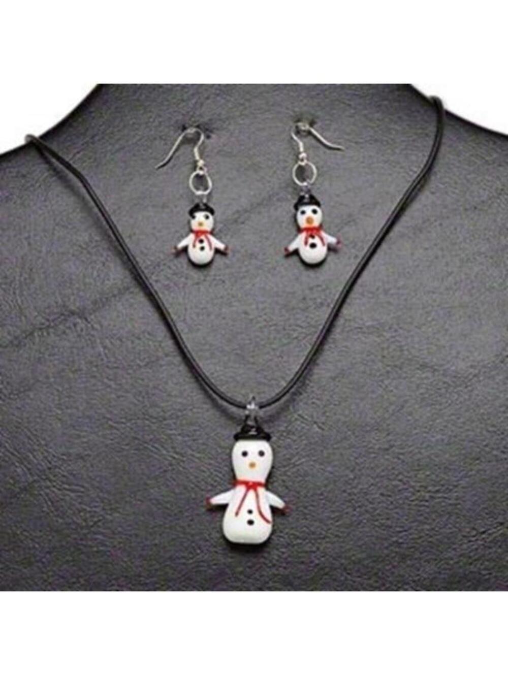 Lampwork Glass Red White Snowman Pendant Black Necklace Earrings Jewelry Set